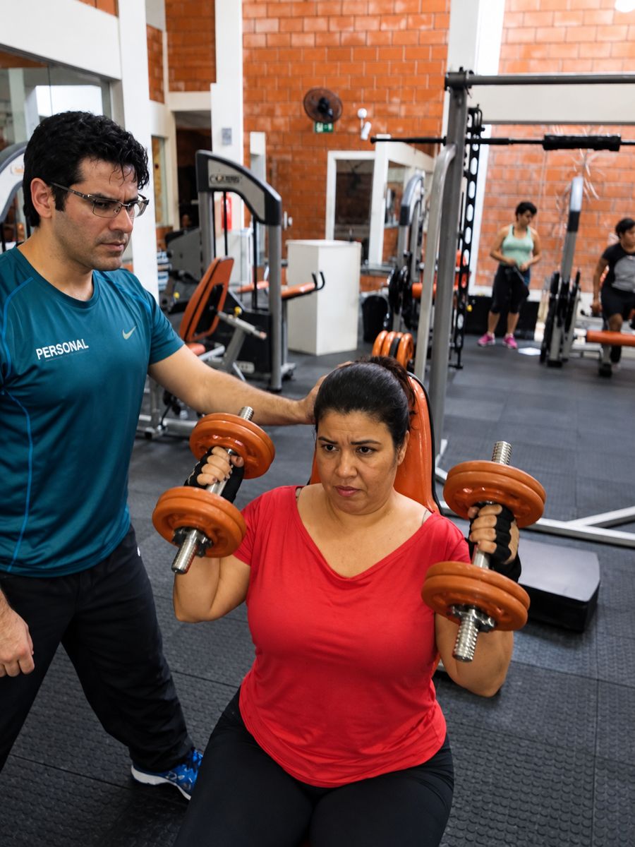 Eduardo orientando uma aluna em exercício para os ombros com halteres